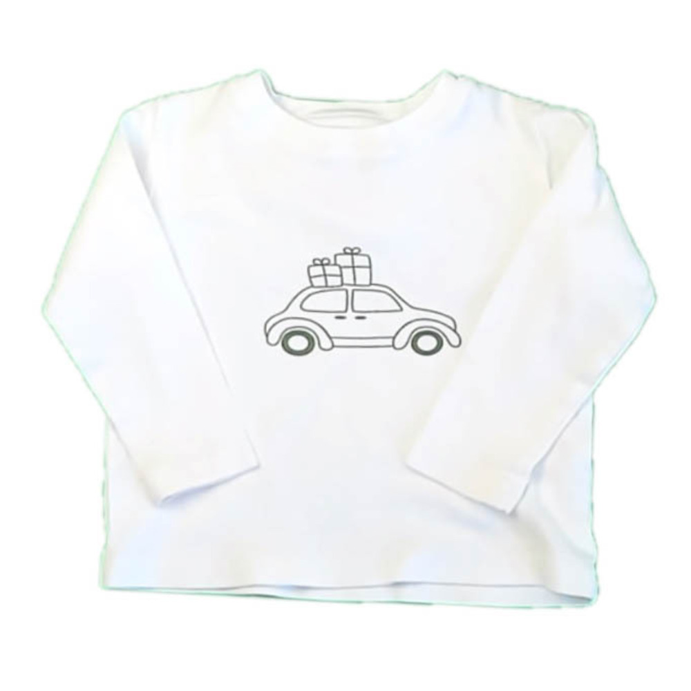 Little Paper Boat Boys White | Green Car Long Sleeve T-Shirt size: 2T
